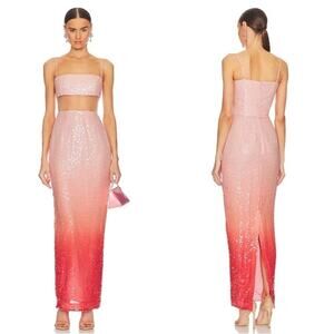 SAU LEE Talia Blush Red Ombre Sequin Mesh Cutout Maxi Dress Size 0
